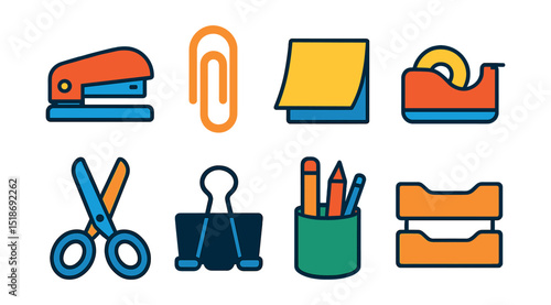 Flat vector icons of office supplies: stapler, paperclip, sticky notes, tape dispenser, scissors, binder clip, pencil holder, document tray.