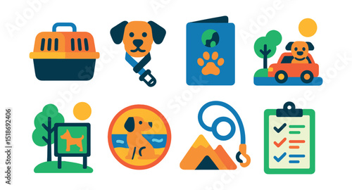 Flat vector icons of pet travel and outdoor fun: pet carrier, dog seatbelt icon, pet passport, road trip with pets icon, pet-friendly park, dog beach badge, outdoor adventure with leash, pet travel