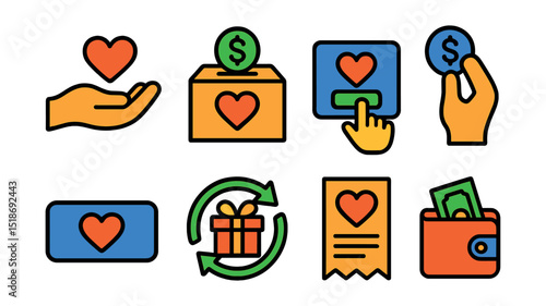 Flat vector icons of donations and giving: hand with heart, donation box, online donation icon, coin drop, donate button, recurring gift, giving receipt, charity wallet.