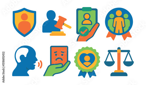 Flat vector icons of senior rights and advocacy: elder rights shield, legal aid for seniors, patient consent icon, advocacy group badge, elder voice symbol, complaint support icon, dignity in aging