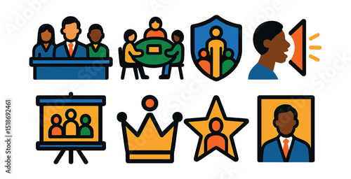 Flat vector icons of inclusive leadership and representation: diverse leadership panel, inclusive decision-making table, equitable leadership badge, voice amplification icon, representative board
