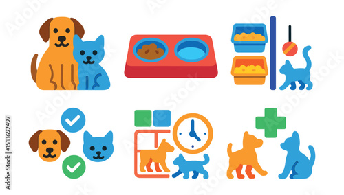 Flat vector icons of multi-pet care and harmony: dog and cat together icon, shared feeding station, separate litter boxes, playtime zone divider, pet compatibility symbol, co-living chart, multi-pet