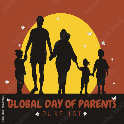 Global day of parents. 1st June Parents day celebration banner with family icons: Father, mother, son. The day spread awareness and importance of parenthood and their central role in child development