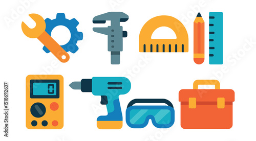Flat vector icons of engineering tools and equipment: wrench and gear, caliper, protractor, ruler and pencil, digital multimeter, drill icon, safety goggles, engineering toolbox.