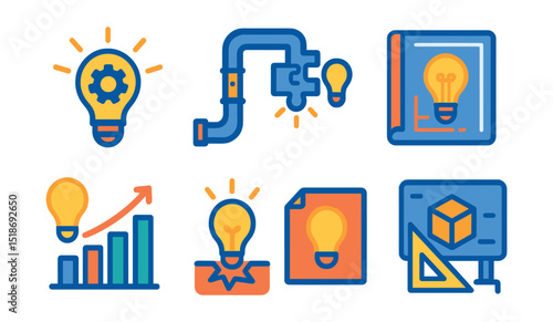 Flat vector icons of engineering innovation and ideas: lightbulb gear, innovation pipeline, creative solution icon, patent sketch, R&D chart, breakthrough icon, idea note, prototype concept.