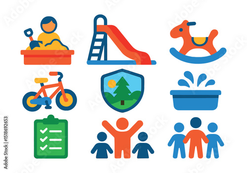 Flat vector icons of outdoor and physical play: sandbox play, playground slide, ride-on toy, tricycle icon, nature walk badge, splash play tub, outdoor fun checklist, group games icon.