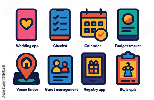 Flat vector icons of wedding apps and planning tools: wedding app icon, mobile checklist, planning calendar, budget tracker screen, venue finder, guest management, registry app, style quiz.