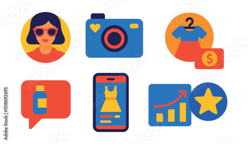 Flat vector icons of fashion influencers and branding: influencer profile badge, content creation camera, outfit of the day icon, sponsored post tag, product mention bubble, style guide screen,