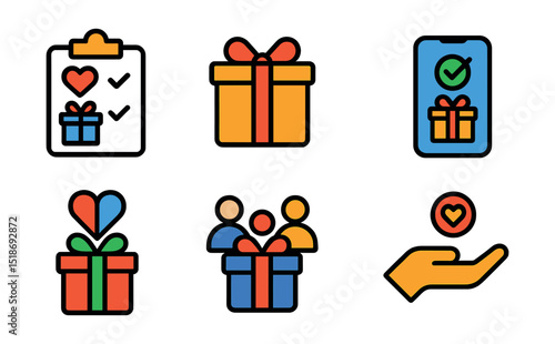 Flat vector icons of gifts and registries: wedding registry icon, wrapped gift box, couple wish list, online registry app, thank you card, wedding favor icon, group gift, donation in lieu.