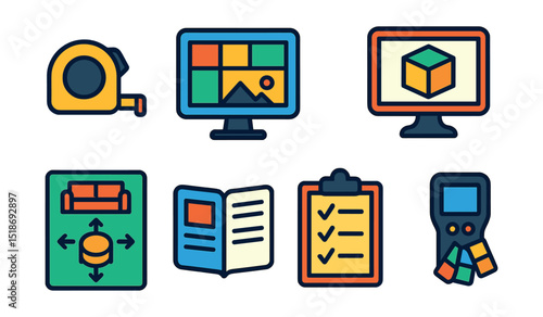 Flat vector icons of interior design tools and planning: measuring tape icon, mood board screen, blueprint layout, 3D render file, furniture placement guide, project notebook, renovation checklist,