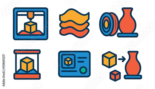 Flat vector icons of 3D printing and prototyping: 3D printer machine, sliced model layer icon, PLA filament spool, print-ready object, physical prototype display, printer status screen, test print