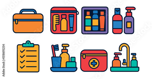 Flat vector icons of personal hygiene storage and kits: toiletry bag, hygiene travel kit, drawer organizer, labeled bottle set, daily routine checklist, bathroom tray, hygiene pouch, sink countertop