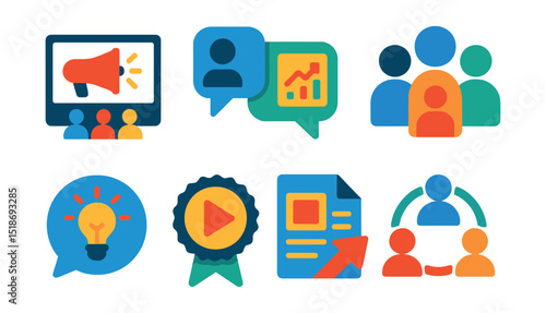 Flat vector icons of community and knowledge sharing: digital marketing forum icon, peer advice bubble, marketing webinar screen, professional group icon, shared insight icon, online event badge,