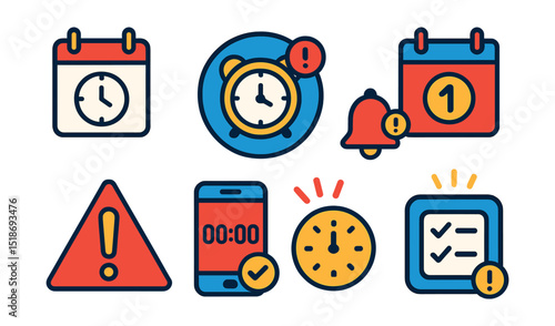 Flat vector icons of reminders and deadlines: deadline icon, time alert badge, notification bell symbol, event countdown icon, urgent task triangle, timer reminder screen, final call icon, blinking