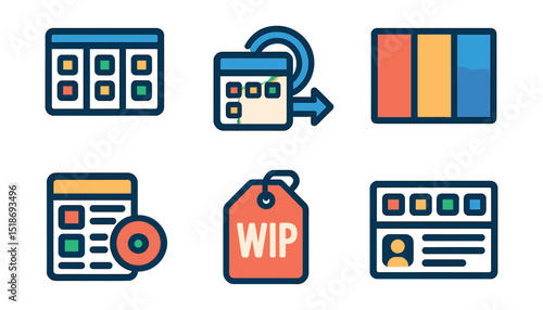 Flat vector icons of project boards and methods: Kanban board icon, Scrum board symbol, Agile sprint badge, workflow column setup, backlog board icon, WIP limit tag, swimlane structure, story card.