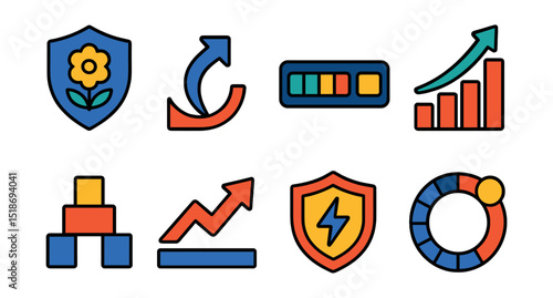 Flat vector icons of resilience and grit: resilience badge icon, bounce back symbol, mental toughness bar, comeback chart, strong foundation icon, challenge overcome arrow, adversity shield,