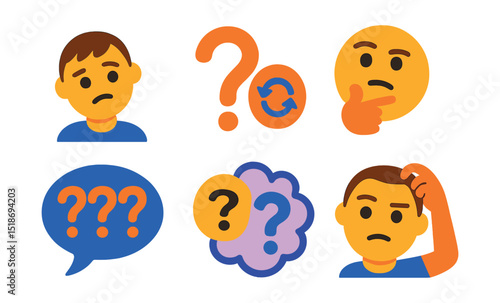 Flat vector icons of confusion and doubt: tilted head expression, squiggly question mark, spinning arrows, thinking face, multiple choice bubble, one raised eyebrow, uncertainty fog, hand scratching