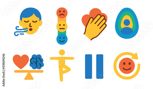 Flat vector icons of emotional regulation and balance: breathing icon, emotion scale, hand over heart, calm color aura, heart and brain balance, stability pose, pause symbol, mood reset button.