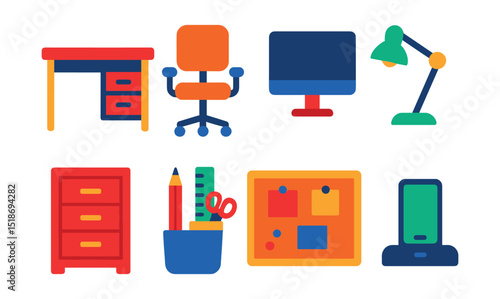 Flat vector icons of home office items: desk, swivel chair, desktop monitor, task lamp, file cabinet, stationery organizer, corkboard, charging dock.