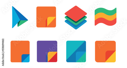Flat vector icons of folded and layered shapes: origami triangle, folded square, layered paper shape, stacked waves, shadowed rectangle, curled corner square, paper fold symbol, flipped card shape.