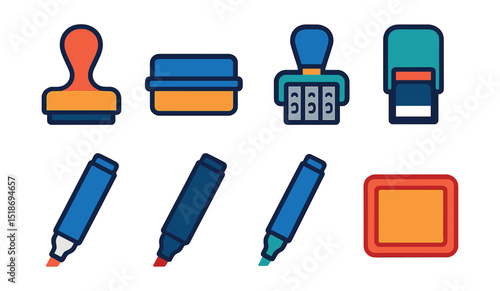 Flat vector icons of stamps and markers: rubber stamp, ink pad, date stamp, self-inking stamp, whiteboard marker, permanent marker, chalk marker, stamp label icon.