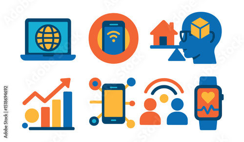 Flat vector icons of impact on society and lifestyle: tech in society icon, digital lifestyle badge, smart work-home balance, augmented reality routine, societal change graph, daily tech integration
