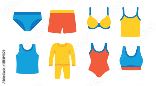Flat vector icons of undergarments: briefs, boxers, bra, camisole, undershirt, thermal underwear, shapewear, sports bra.