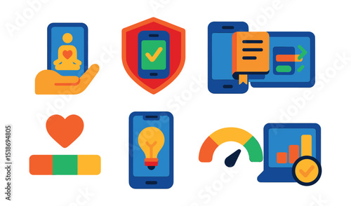 Flat vector icons of mindful tech use: mindful use icon, intentional screen time badge, digital reflection journal, mindful scroll tracker, positive interaction meter, purpose-driven app usage,