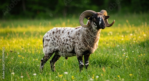 Majestic jacob sheep ram in lush green pasture meadow farm wool cute calm farm horn rural white black