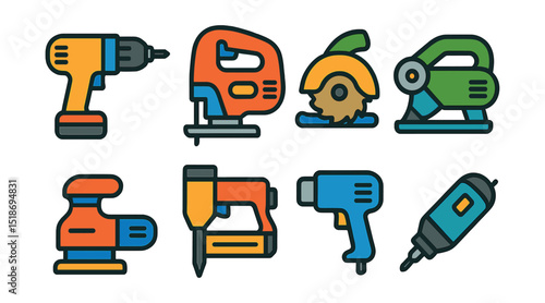 Flat vector icons of power tools: electric drill, jigsaw, circular saw, angle grinder, power sander, nail gun, heat gun, rotary tool.