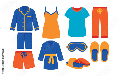 Flat vector icons of basic sleepwear: pajama set, nightgown, sleep shirt, pajama pants, sleep shorts, robe, sleeping mask, slippers.