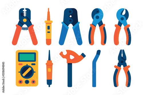 Flat vector icons of electrician’s tools: wire stripper, voltage tester, crimping tool, cable cutter, multimeter, circuit tester, conduit bender, insulated pliers.