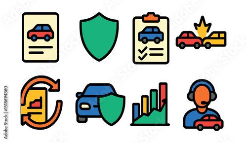 Flat vector icons of car insurance and protection: insurance document, shield icon, claim form, accident coverage, policy renewal, insured vehicle badge, premium chart, agent support.