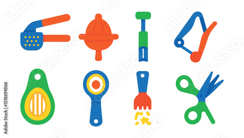 Flat vector icons of food preparation tools: garlic press, lemon squeezer, apple corer, cherry pitter, avocado slicer, egg separator, zester, herb scissors.