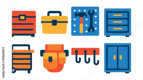 Flat vector icons of tool storage and organization: tool chest, toolbox, pegboard wall, tool drawer, rolling tool cart, belt pouch, wall hooks, tool cabinet.