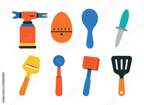 Flat vector icons of specialty cooking tools: blowtorch, egg timer, rice paddle, oyster knife, cheese slicer, melon baller, meat tenderizer, pancake flipper.