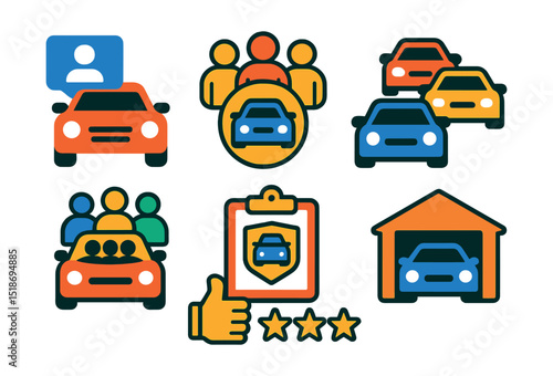 Flat vector icons of automotive communities: enthusiast forum, car club icon, car meet event, group drive, badge collector, build log, garage share, online review group.