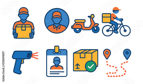 Flat vector icons of couriers and delivery agents: courier with box, courier badge, delivery scooter, bike courier, handheld scanner, delivery ID, delivery confirmation, courier route.