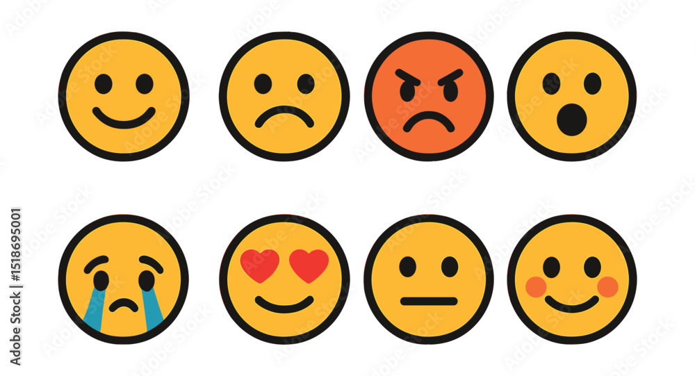 Fototapeta premium Flat vector icons of emotional emojis simplified: smiley face, sad face, angry face, surprised face, crying face, love heart eyes, neutral face, blushing cheeks.
