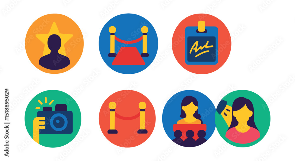 Flat vector icons of celebrities and public figures: star profile icon, red carpet symbol, autograph badge, celebrity sunglasses, paparazzi camera, VIP rope, public appearance, influencer spotlight. Flat vector icons of celebrities and public figures: star profile icon, red carpet symbol, autograph badge, celebrity sunglasses, paparazzi camera, VIP rope, public appearance, influencer spotlight.