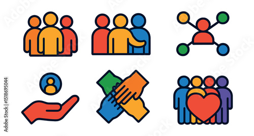 Flat vector icons of community and connection: united group, diverse people icon, community hug, network of support, outreach symbol, inclusion icon, gathering hands, shared cause.