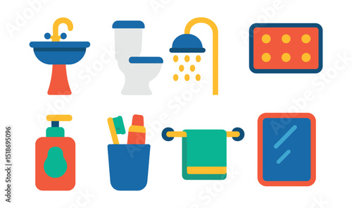 Flat vector icons of bathroom items: sink, toilet, showerhead, bath mat, soap dispenser, toothbrush holder, towel rack, mirror.