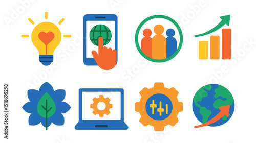 Flat vector icons of innovation and impact trends: social innovation lightbulb, technology for good icon, community-led design badge, impact startup chart, sustainability breakthrough symbol,