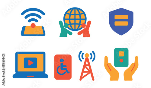 Flat vector icons of digital inclusion and tech for good: digital access icon, inclusive internet symbol, tech equity badge, online learning laptop, rural connectivity tower, accessible device icon,