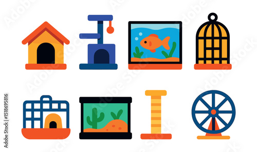 Flat vector icons of pet habitat items: dog house, cat condo, fish tank, bird cage, small pet cage, terrarium, scratching post, hamster wheel.