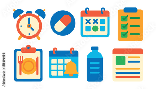 Flat vector icons of daily routines and schedules: wake-up alarm icon, medication time badge, activity calendar, care routine checklist, meal plan icon, appointment reminder, hydration tracker,