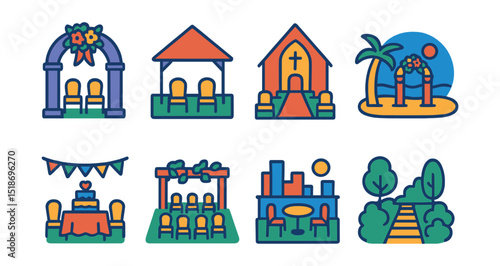 Flat vector icons of venues and ceremony locations: wedding arch, outdoor venue, church aisle, beach wedding icon, decorated hall, vineyard ceremony, city rooftop, garden path.