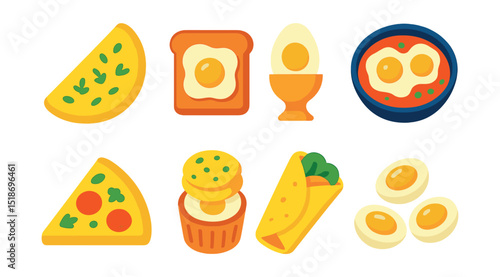 Flat vector icons of egg-based breakfast dishes: omelette with herbs, egg sandwich, boiled egg, shakshuka bowl, frittata slice, egg muffin, egg wrap, deviled eggs.