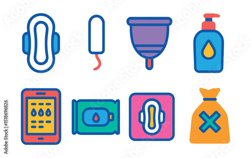 Flat vector icons of feminine hygiene products: sanitary pad, tampon, menstrual cup, feminine wash bottle, period tracker app, hygiene wipes, panty liner pack, disposal bag.