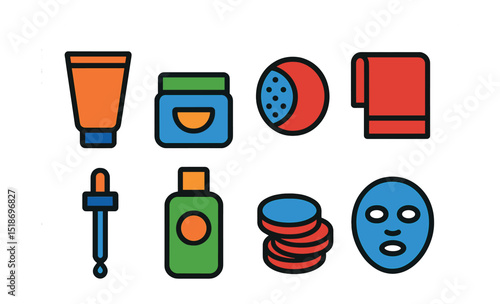 Flat vector icons of face and skin care: face wash tube, moisturizer jar, cleansing pad, face towel, face serum dropper, skin toner bottle, cotton pads stack, face mask sheet.